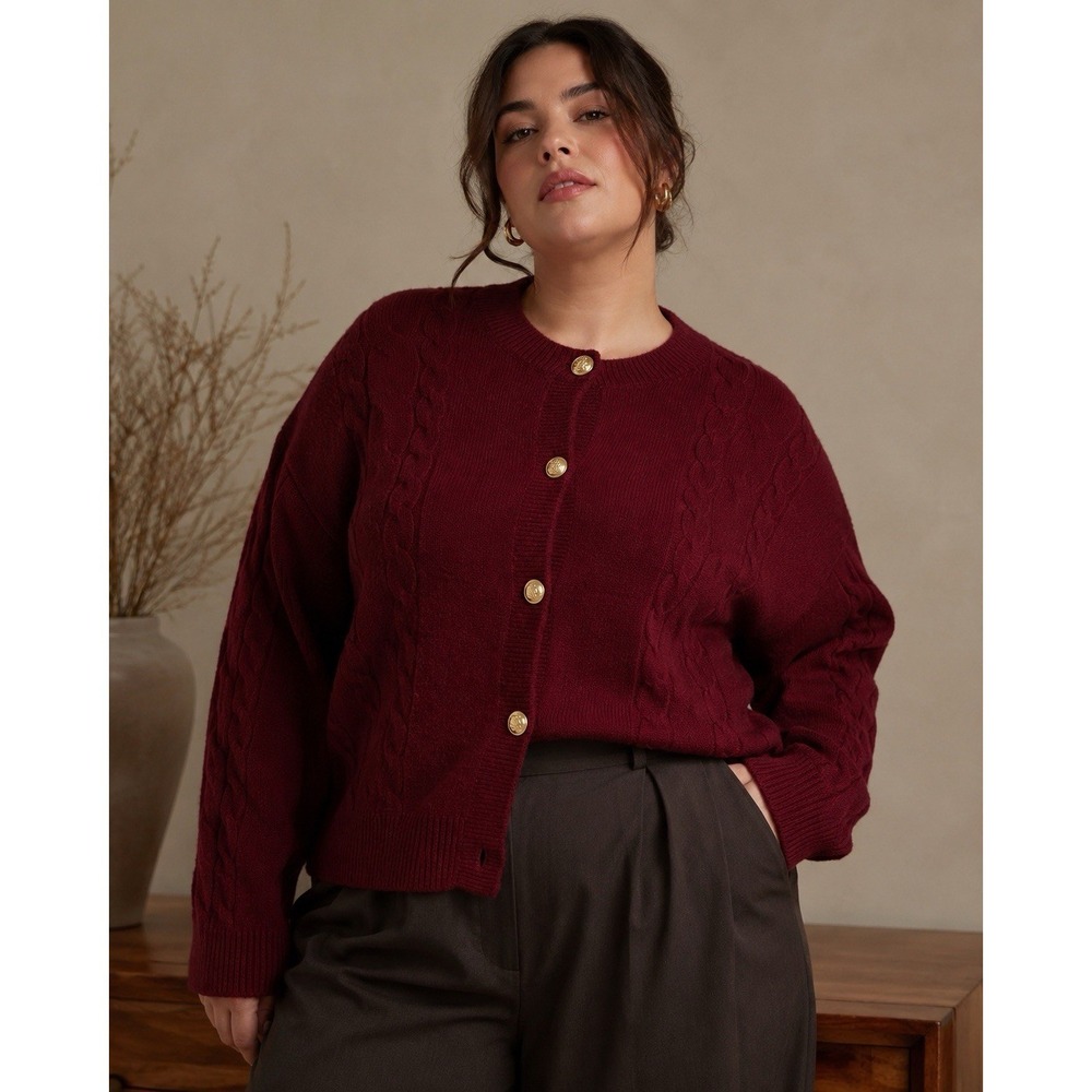 J.Crew Womens 3X Burgundy Cable Knit Cardigan Wool Alpaca Gold Button Sweater
